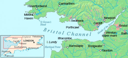 The location of the Severn Estuary in relation to the rest of England.