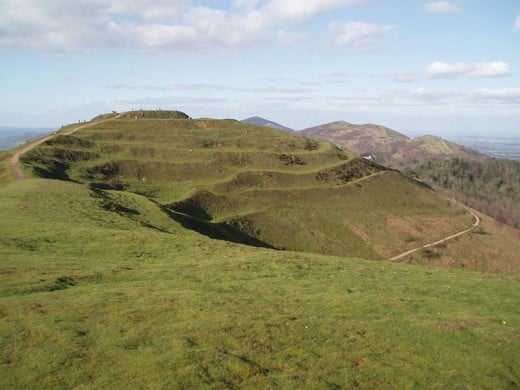 Iron age earthworks on the hillside.