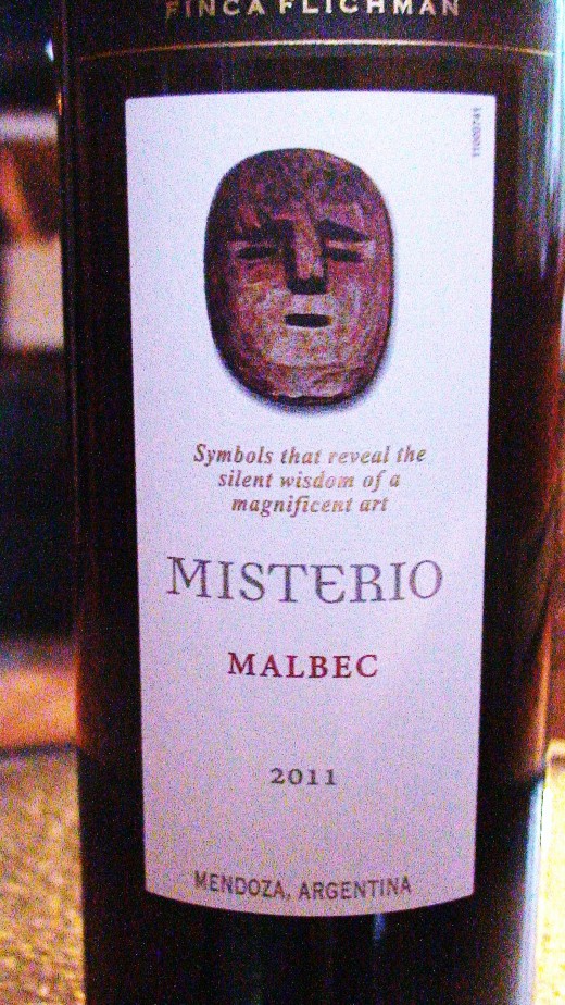 Front label of my favourite red wine.  Note: the name of the wine (Misterio) and the varietal (Malbec).  The vintage (year the wine was made) is also present as is the country of origin in this case Mendoza, Argentina.