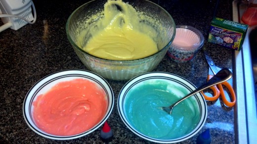 Add red and blue food coloring to cake mix.