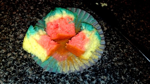 An inside view of the red, white, and blue cupcake.