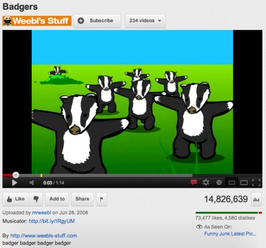 Screen capture of "Badger, Badger, Badger" on Youtube
