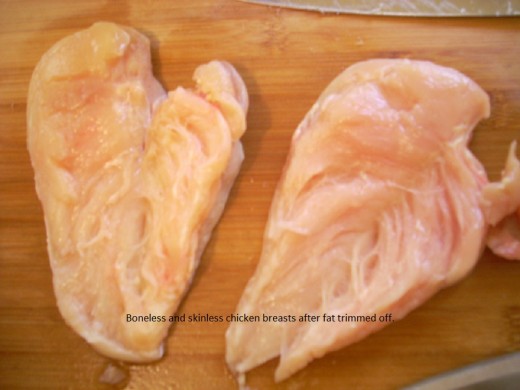 Chicken breasts after fat trimmed and butterflied.
