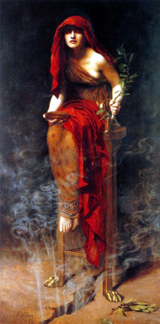 Priestess of Delphi. This painting by John Meier Collier (1850-1934) was painted in 1891. It is in the Public Domain in the United States because it was first exhibited prior to 1923.