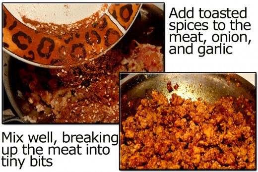 Add in the toasted spices and mix really well. Break up the meat as it cooks so the pieces are very small. This makes a better consistency for filling the triangles later.