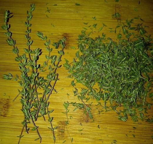 Thyme on sprig and pulled off of sprig