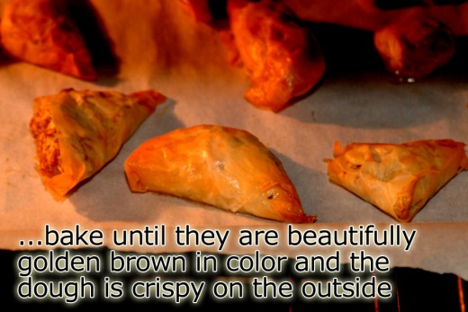 Depending on your oven, the baking time may be longer or shorter. So, to be sure your triangles come out just right, bake them until they are a crispy golden brown on the outside, and heated through on the inside.