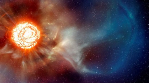 This artists depiction of the star Betelgeuse shows the large plume that has been photographed by powerful telescopes.