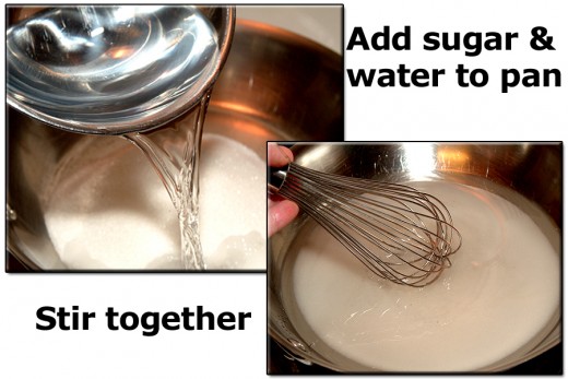 Combine water and syrup in a pan and stir.