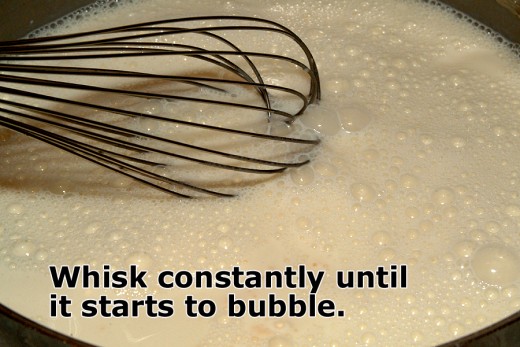 Keep whisking until the mixture begins to boil (you will see bubbles in the surface). Lower the heat to simmer, while whisking, for another few minutes..