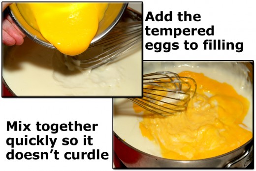 Add tempered egg yolks back into the filling and mix in really well. Doing this quickly helps to prevent the mixture from curdling. 