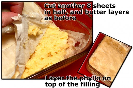 Layer buttered sheets of phyllo over the bed of prepared custard you spread in the baking dish.