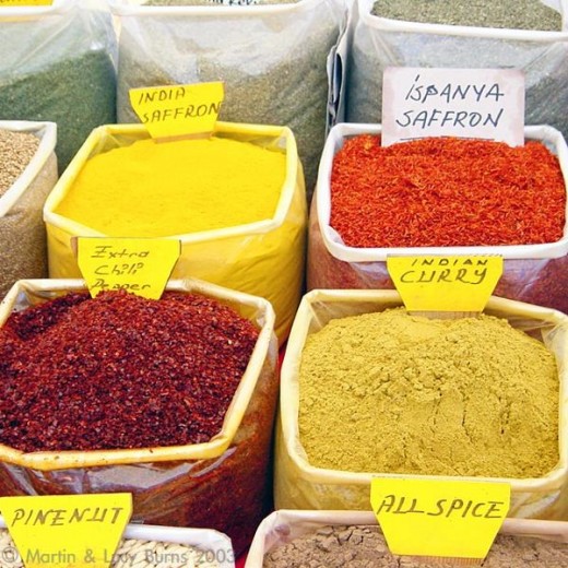 Spices, including different saffrons at a Turkish market