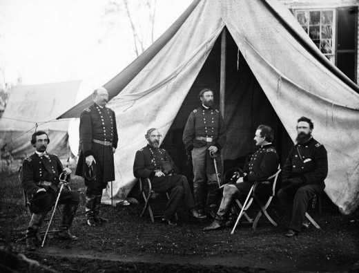 The generals of the Army of the Potomac: Gouverneur K. Warren, William H. French, George G. Meade, Henry J. Hunt, Andrew A. Humphreys, George Sykes.  Photo taken September 1863 in the Union Camp in Culpeper, Virginia