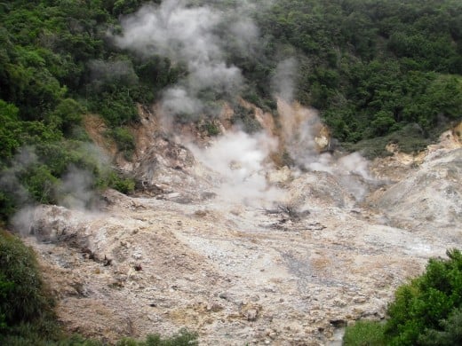 Approaching the volcano from the green lip of the caldera.