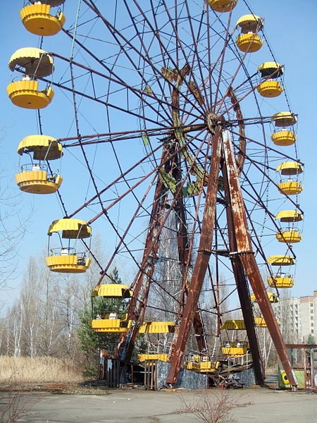A ferris wheel in Pripyat that was set to open four days after the nuclear accident.  Opening day never came