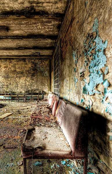 Seats at a hospital lobby in Pripyat