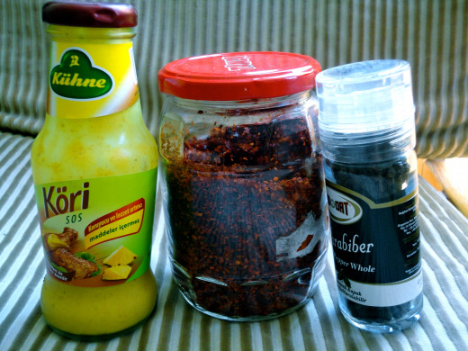For the second recipe, this is all I generally add: curry sauce (lazy, pre-made), hot pepper flakes, black pepper. 