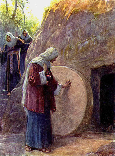 The Resurrection was first discovered when the heavy stone on Jesus' tomb was seen rolled away from the entrance. The women saw him first and his rise back to life spread like wildfire. There were dozens of witnesses.
