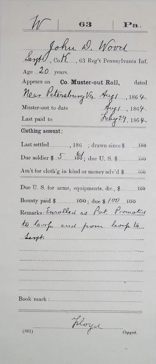 John D. Wood's information, as appeared on the muster roll of Company K at muster out, 1864.  From his Civil War Pension File