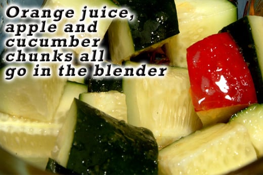 Toss the orange juice, apple chunks and cucumber chunks in the blender.