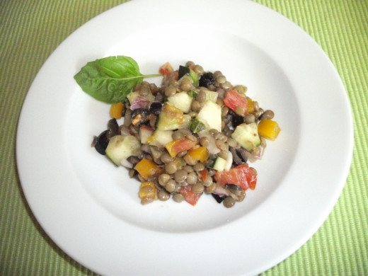 Lentil salad with fresh herbs and vegetables