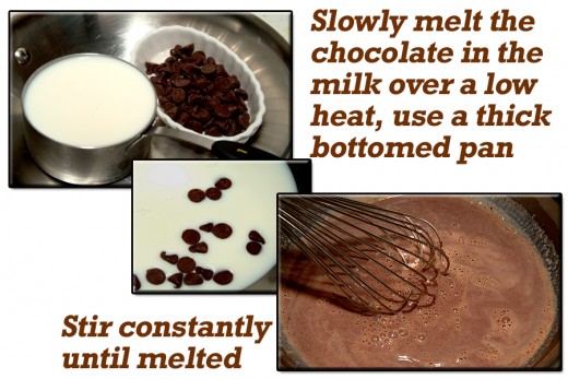 Melt the chocolate in the milk over low heat, stirring constantly.
