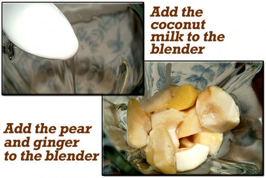 Pour the coconut milk and add the pear and ginger to the blender.