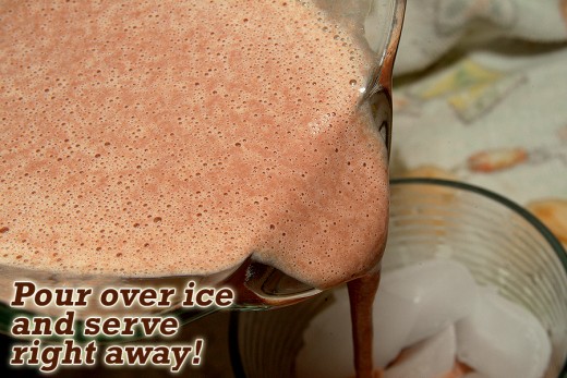 Pour blended dark chocolate milk over ice and serve!