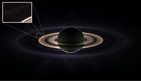 Astronomer Carl Sagan famously dubbed our planet the "pale blue dot" from a photo taken by the early Voyager probe to Saturn. Here, Cassini's hi-res camera snaps a better photo of Earth from backlit Saturn in 2011.