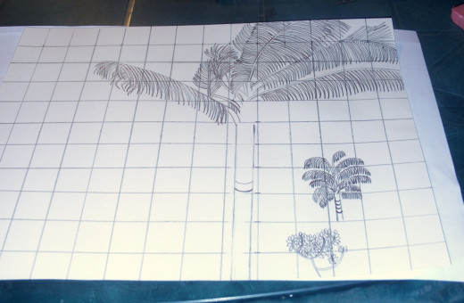 Here the palm tree in the foreground is beginning to take shape, and I am beginning to add the palm trees in the background.