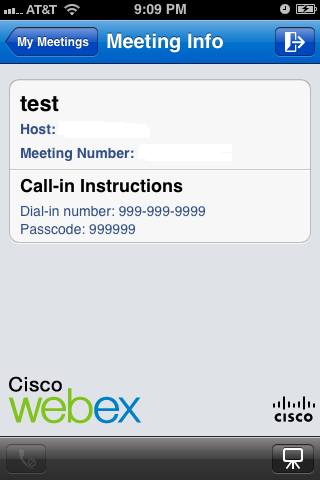 Tap the information icon to open a screen displaying the meetings dial-in information for a conference call.