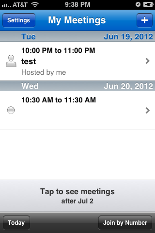 A list of your upcoming meetings is displayed by date, with the most recent being listed first.