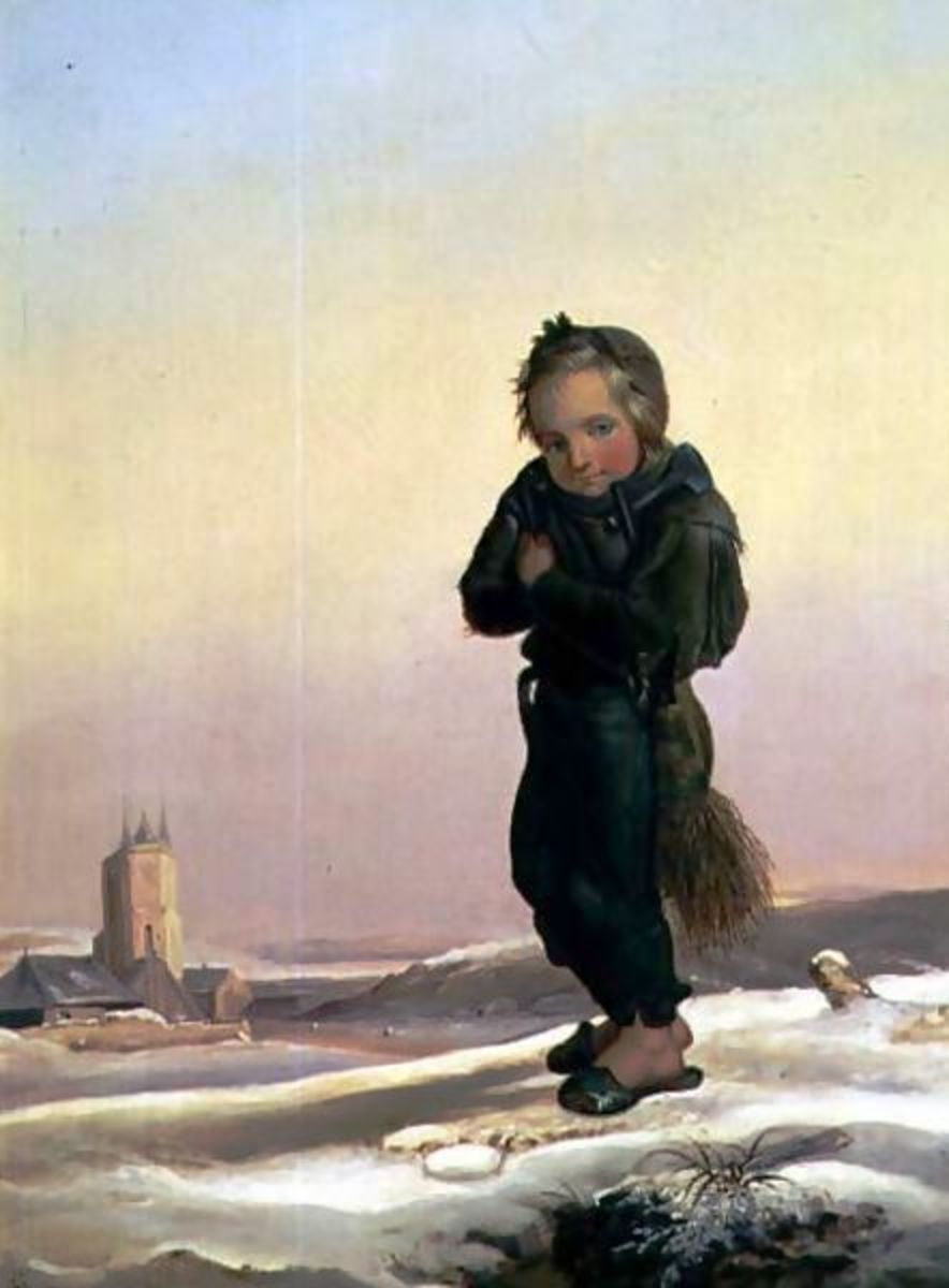 A French chimney sweep apprentice in the snow with no winter clothes. He's wearing slippers because they were easier for the children to get on and off before and after they climbed.