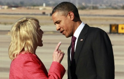 Arizona's Governor, Jan Brewer, scolding Obama over immigration in her state.