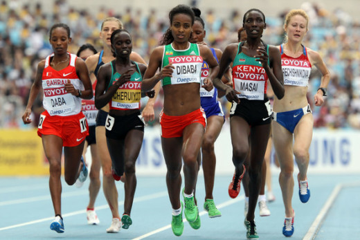 (L-R) Tejitu Daba of Bahrain, Vivian Cheruiyot of Kenya, Genzebe Dibaba of Ethiopia, Linet Masai of Kenya and Elizaveta Grechishnikova of Russia compete in the women's 5000 metres, World Athletics Championships in Daegu.