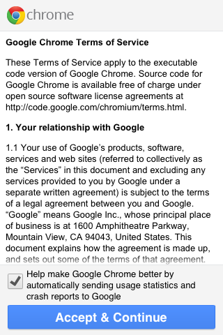 Accept the Google Chrome Terms of Service.
