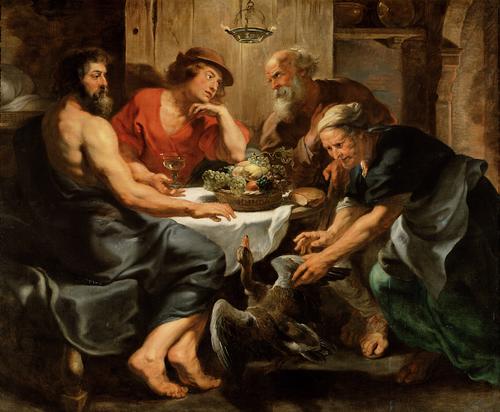"Jupiter and Mercurius in the house of Philemon and Baucis" (by Peter Paul Rubens; completed between 1630-1633).  An ancient Roman story depicts Jupiter and Mercury visiting the household of a poor couple, Philemon and Baucis who warmly receive them.