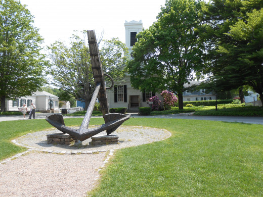 A huge anchor sits in front of the The Village Congregational Church. Very plain inside, it stays true to churches of the time period.