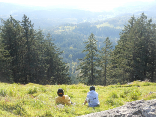 Jonny and Wyatt on a mountain overlooking Eugene , Oregon, 