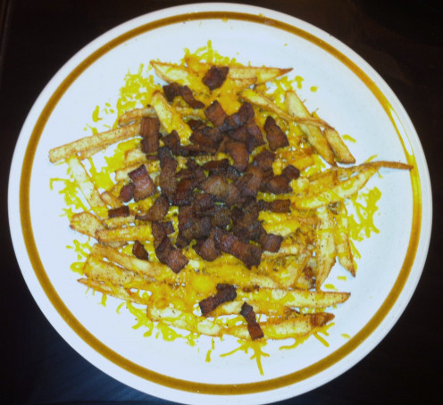 Bacon-Cheddar Fries: put the bacon on top or under the cheese, or both! 