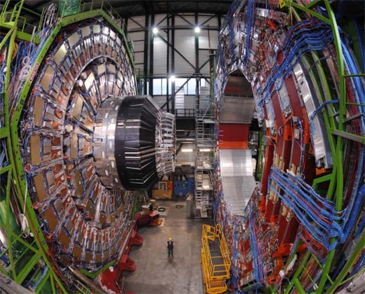 This is but a small part of the Large Hadron Collider that recently detected the Higgs boson. This is the largest machine ever built and it was used to tease out one of the smallest particles at huge levels of energy.