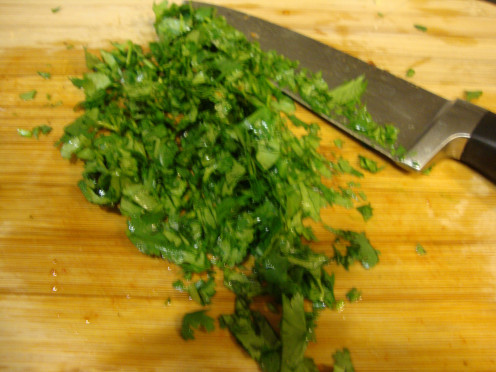 There is nothing better than the aroma of fresh cilantro.  I like to leave some big pieces for flavor and eye-appeal.