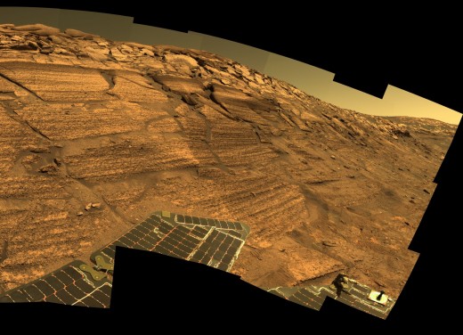 "Burns Cliff," yet another part of the giant Endeavor Crater. (I'd guess these mosaic photos were snapped while the Rover was at a slant!)