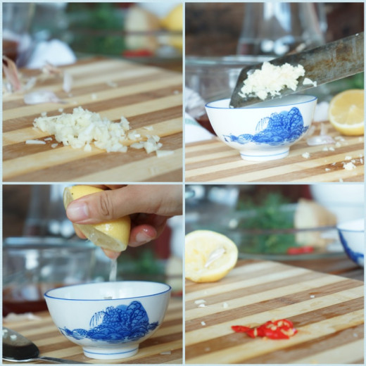 Finely chop garlic then mix with lime/lemon juice; Scrape chilli seeds if you can’t eat spicy, cut or finely chop.