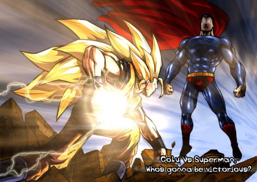 Son Goku focusing energy in front of Superman