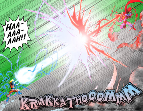 Son Goku's energy beam blocked by Superman.