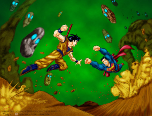 Son Goku and Superman about to clash.