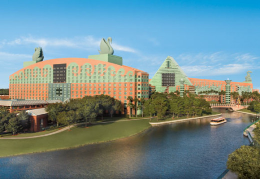 An aerial view of the hotels and waterway.