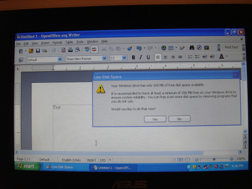 Low disk warning message after installing Open Office.